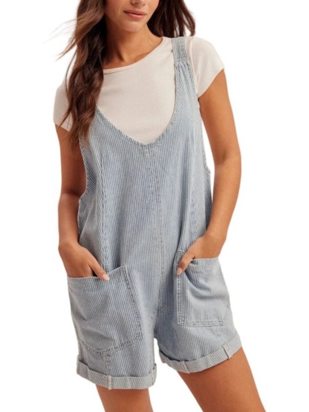 Free People Light Blue Pinstripe Short Overalls Romper